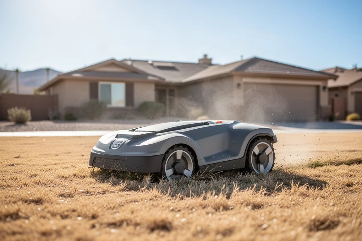 Roboter-Rasenmäher, der einen trockenen Rasen unter der grellen Wüstensonne mäht, mit einem Haus im Hintergrund