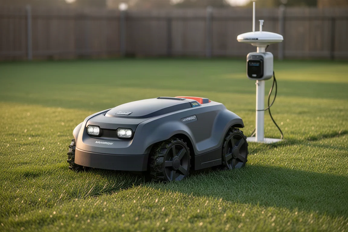 녹색 잔디 위에 있는 Segway Navimow X430 로봇 잔디 깎는 기계와 배경의 충전 도크