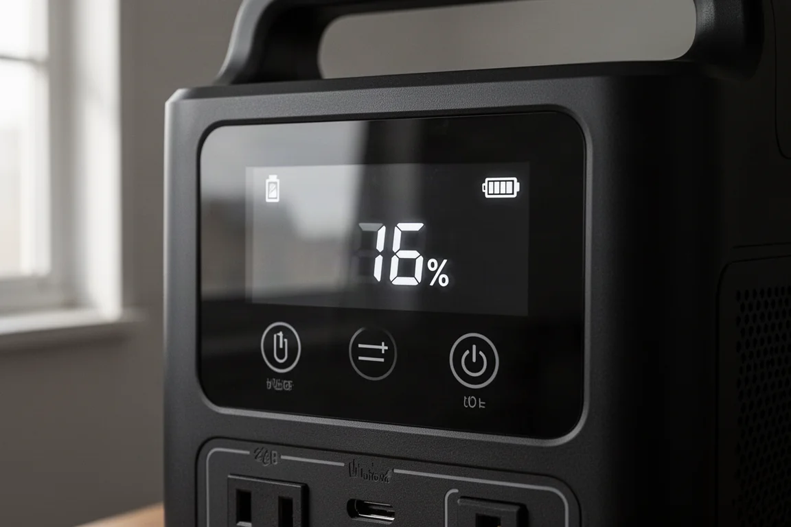 Display einer Powerstation mit Akkustand und Ausgabestatus