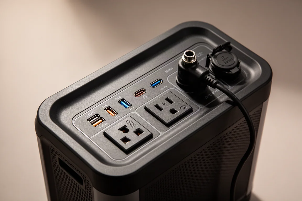 Oberplatte einer Powerstation mit USB- und USB-C-Anschlüssen in Benutzung