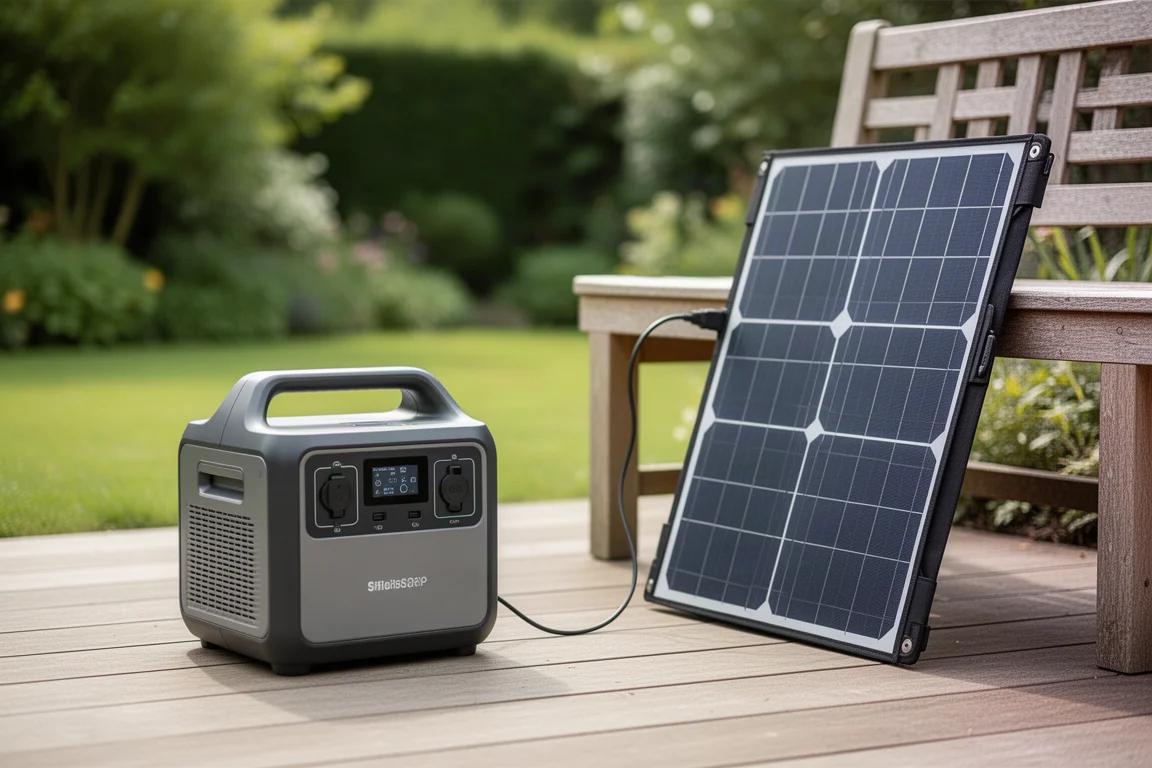 Portable Powerstation lädt draußen über ein faltbares Solarpanel