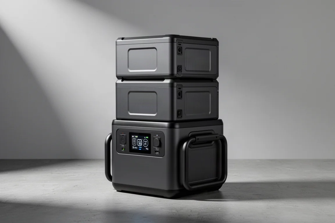Modular black power station with stacked battery modules on concrete surface
