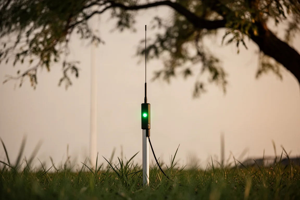 Antennmast med blinkande mottagningsljus på en gräsmatta