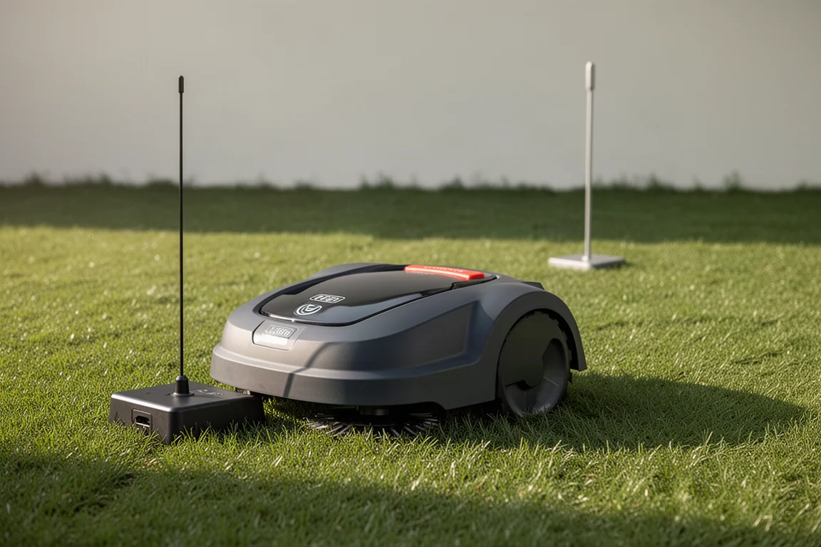 Segway robotic lawn mower beside its charging dock on trimmed grass