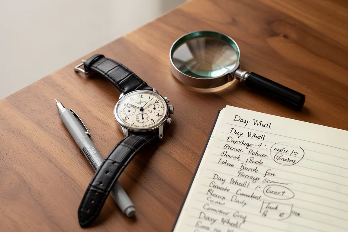 Orologiaio che esegue un test con il pennarello per verificare la lingua della ruota dei giorni su un orologio d'epoca