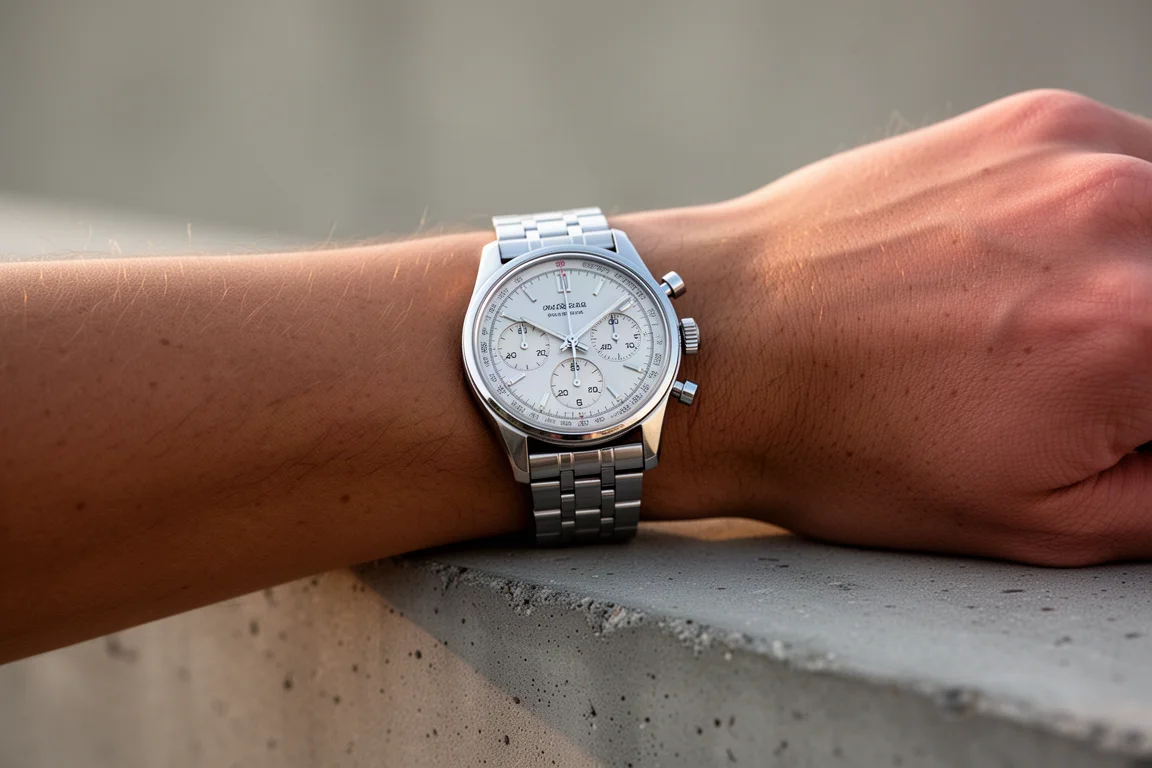 Orologio d'epoca su bracciale in acciaio indossato su un polso di corporatura media
