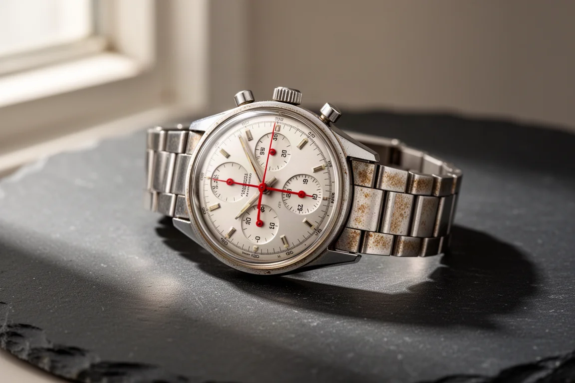 Vintage Seiko 6139 chronograph with steel bracelet on a dark slate surface