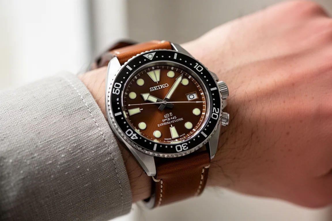 Seiko SPB145 dive watch on a wrist showing its brown dial and bezel