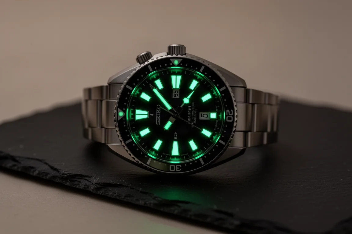 Seiko SPB145 lume glowing green in a dark environment