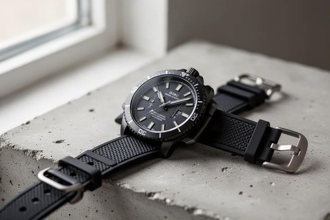 Seiko SPB317 dive watch on a textured black rubber strap with stainless steel hardware
