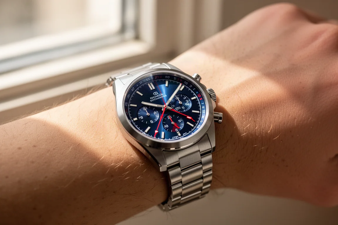 Orologio GMT con quadrante blu al polso accanto a una finestra con luce naturale soffusa