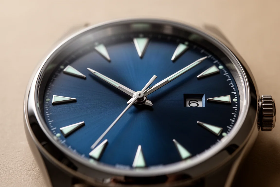 Primo piano del quadrante blu sunray di un orologio con lancette cathedral e piccolo datario
