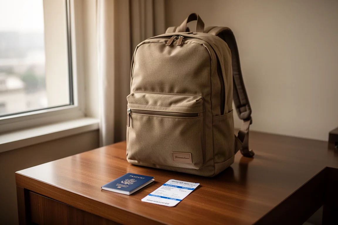 Viaggiatore che prepara un solo zaino accanto a passaporto e carta d'imbarco su una scrivania