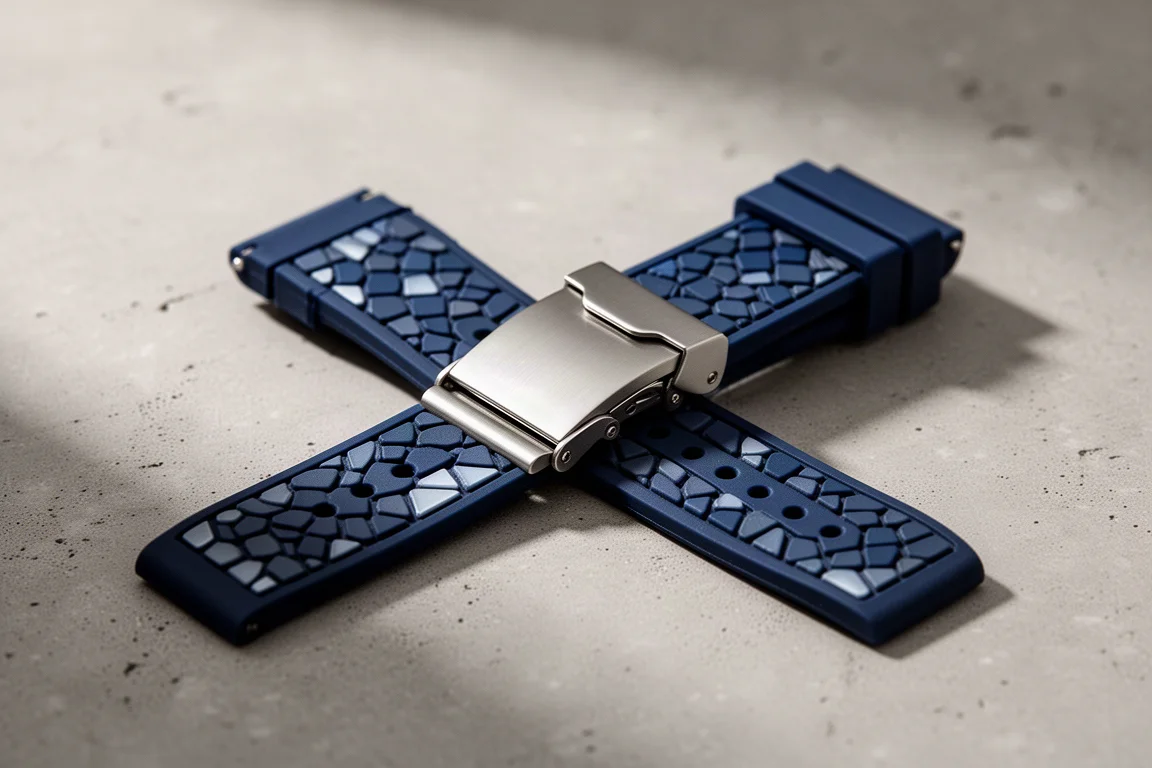 Cinturino in gomma blu navy con chiusura deployante in acciaio spazzolato appoggiato sul cemento