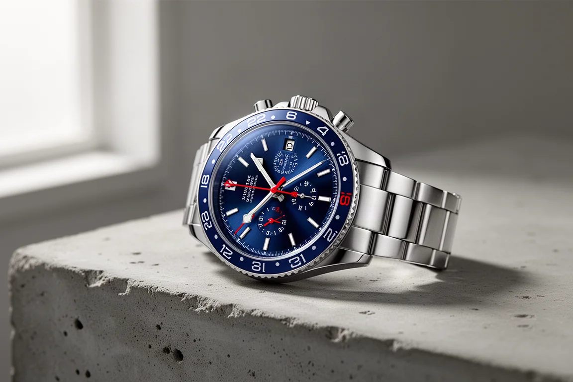 Stainless steel GMT watch with blue sunray dial on a concrete surface