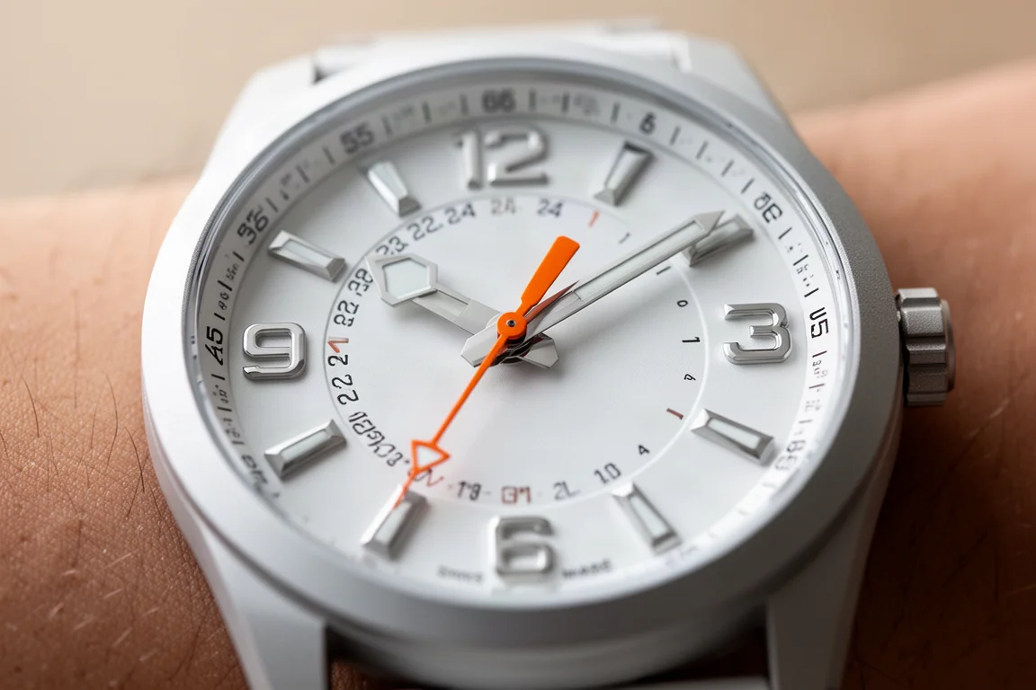 Close-up of the Seiko SSK059 white dial with orange GMT hand and silver indices