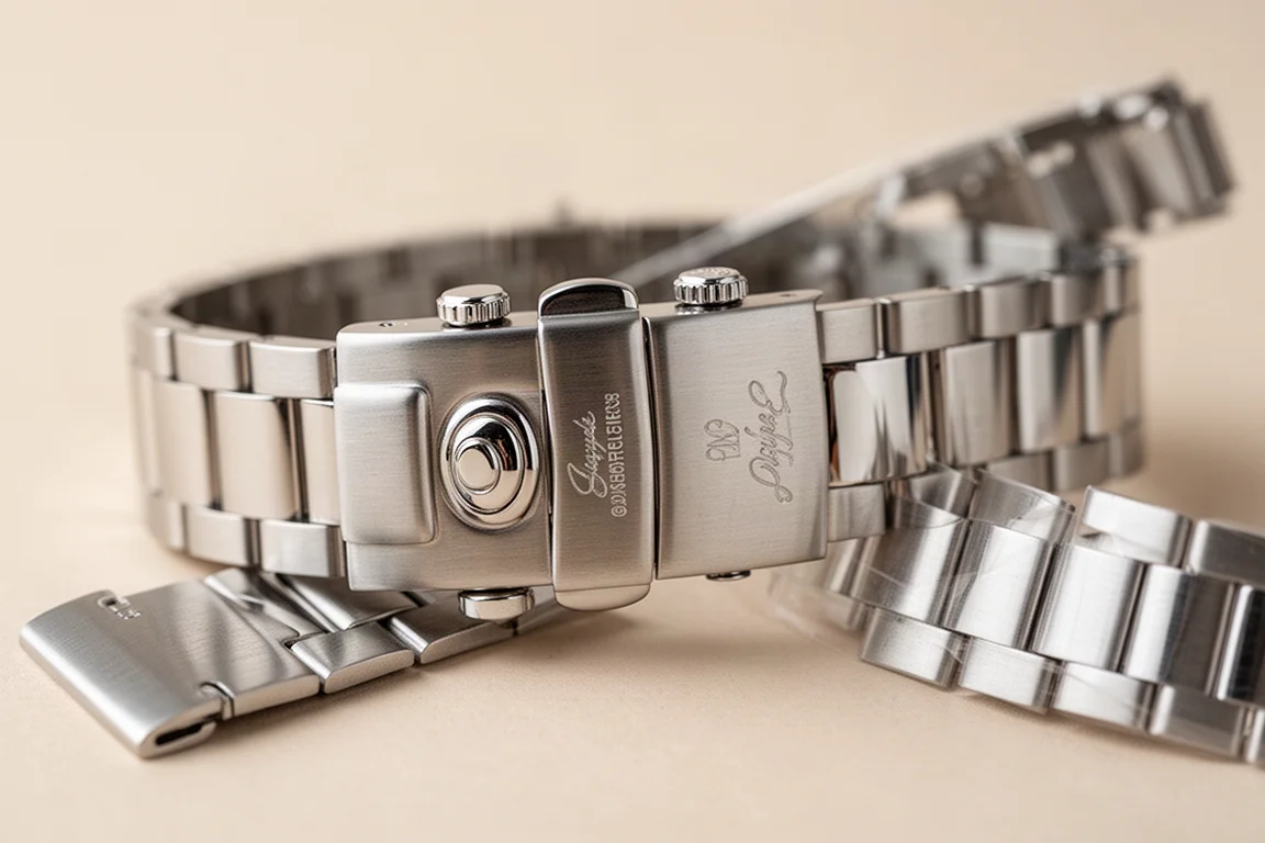 Seiko SSK059 bracelet clasp with dual push buttons and signed flip lock