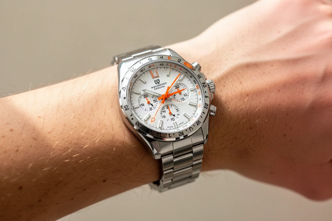 Seiko SSK059 on a wrist in soft daylight, showing the polar dial and orange GMT hand