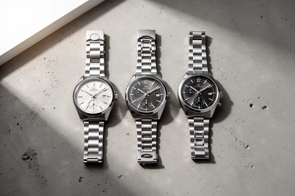 Tre orologi automatici in acciaio inox disposti su una superficie neutra