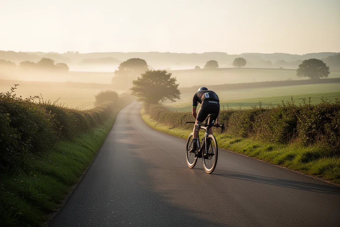 Ciclista de carretera rodando en una bici aerodinámica por carreteras rurales onduladas al amanecer