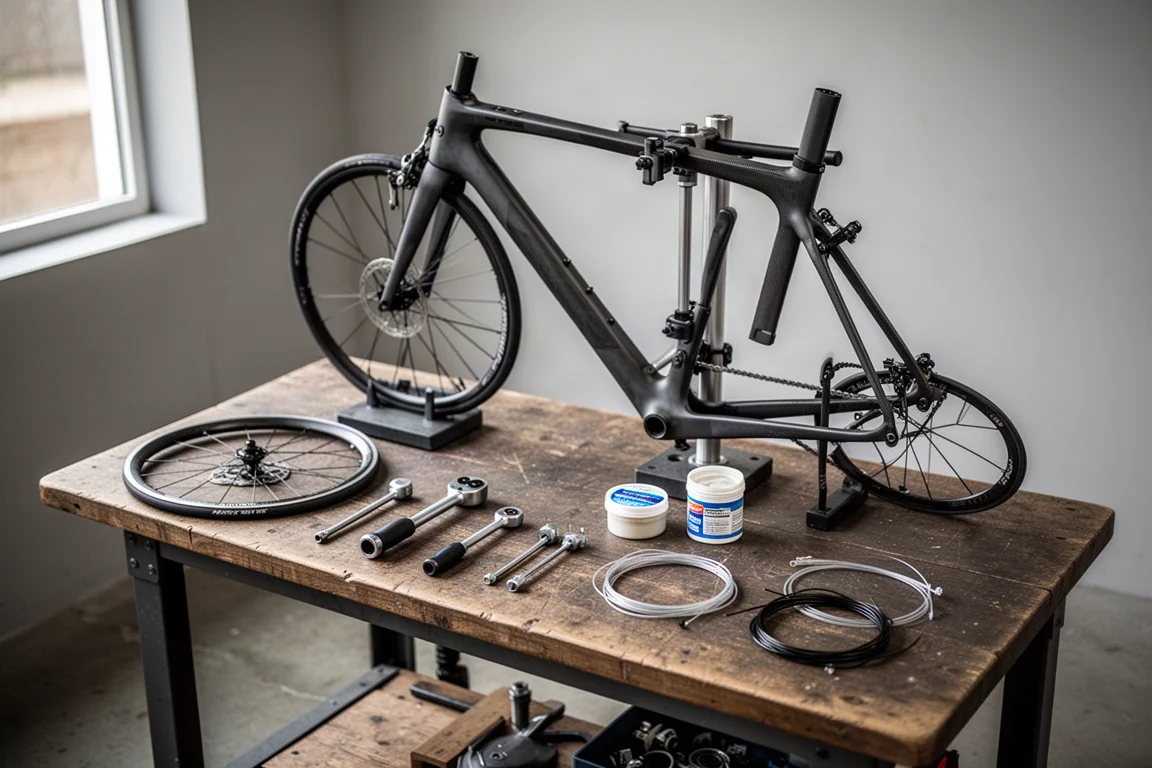 Banco de taller de bicicletas con un cuadro de carbono desnudo en un soporte de reparación