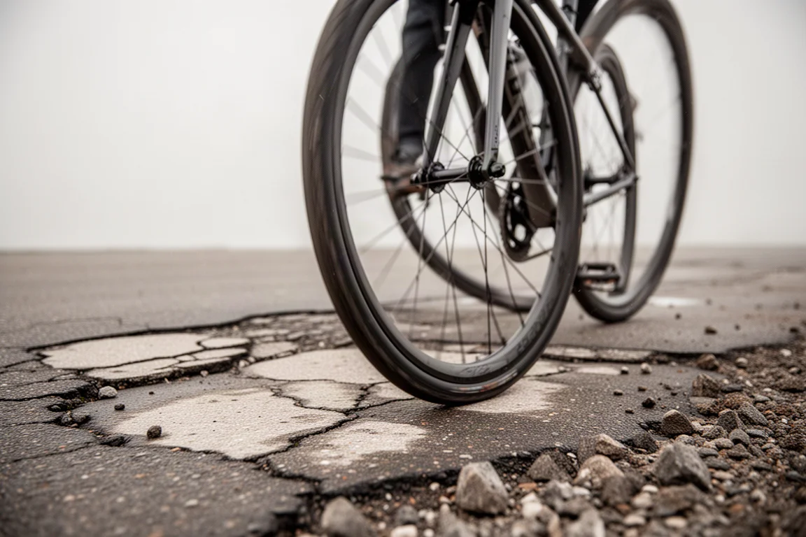 Close-up van een voorwiel van een racefiets dat over gescheurd en opgelapt asfalt rolt