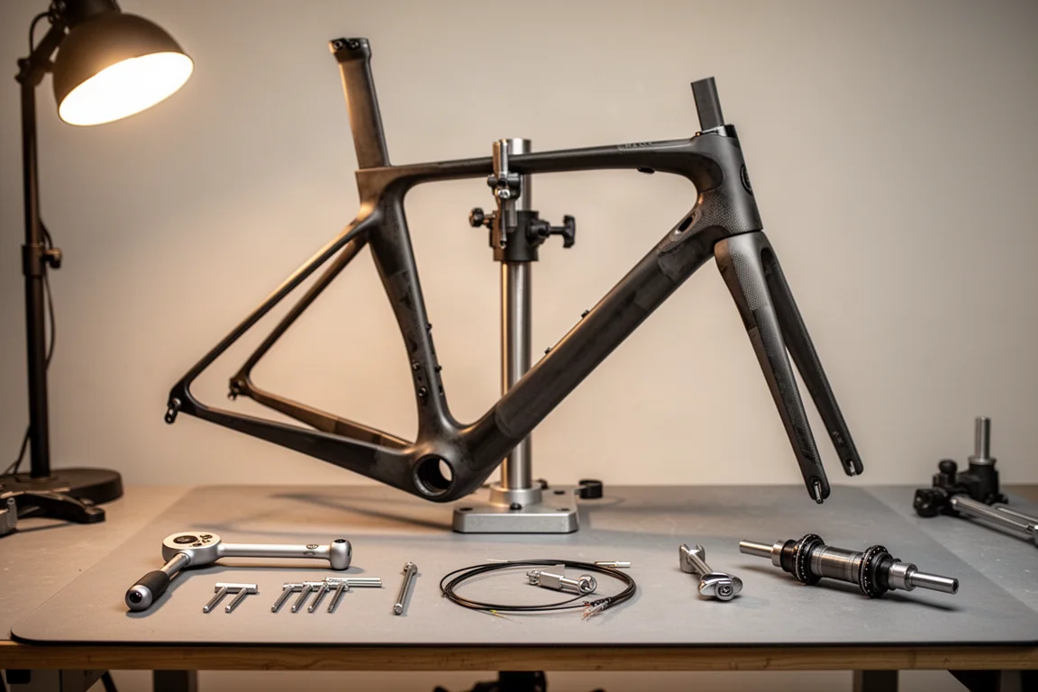 Fietswerkplaatsbank met een kaal carbon frame op een standaard en handgereedschap