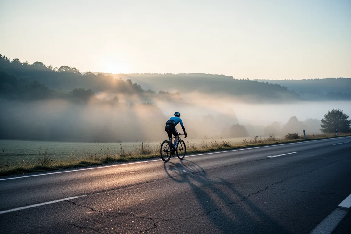 Eenzame racefietser rijdt weg over een lege weg bij zonsopgang met mist in het dal