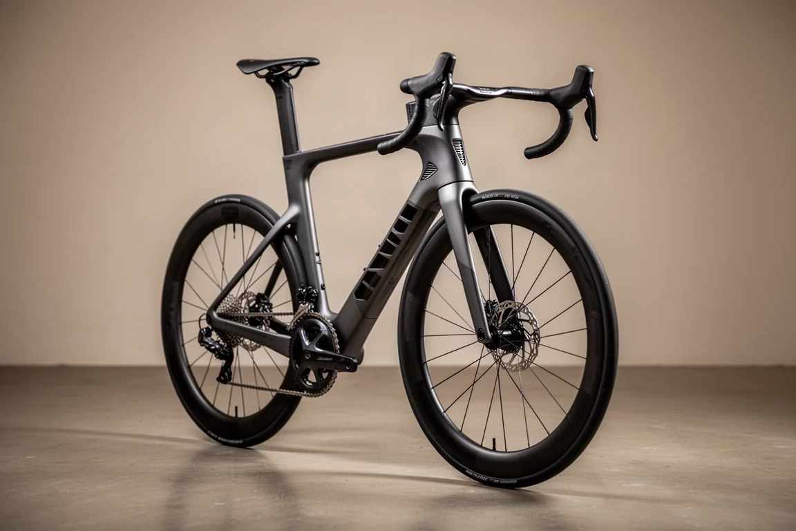 Bici da corsa in carbonio scuro con ruote a profilo alto fotografata su un pavimento in cemento