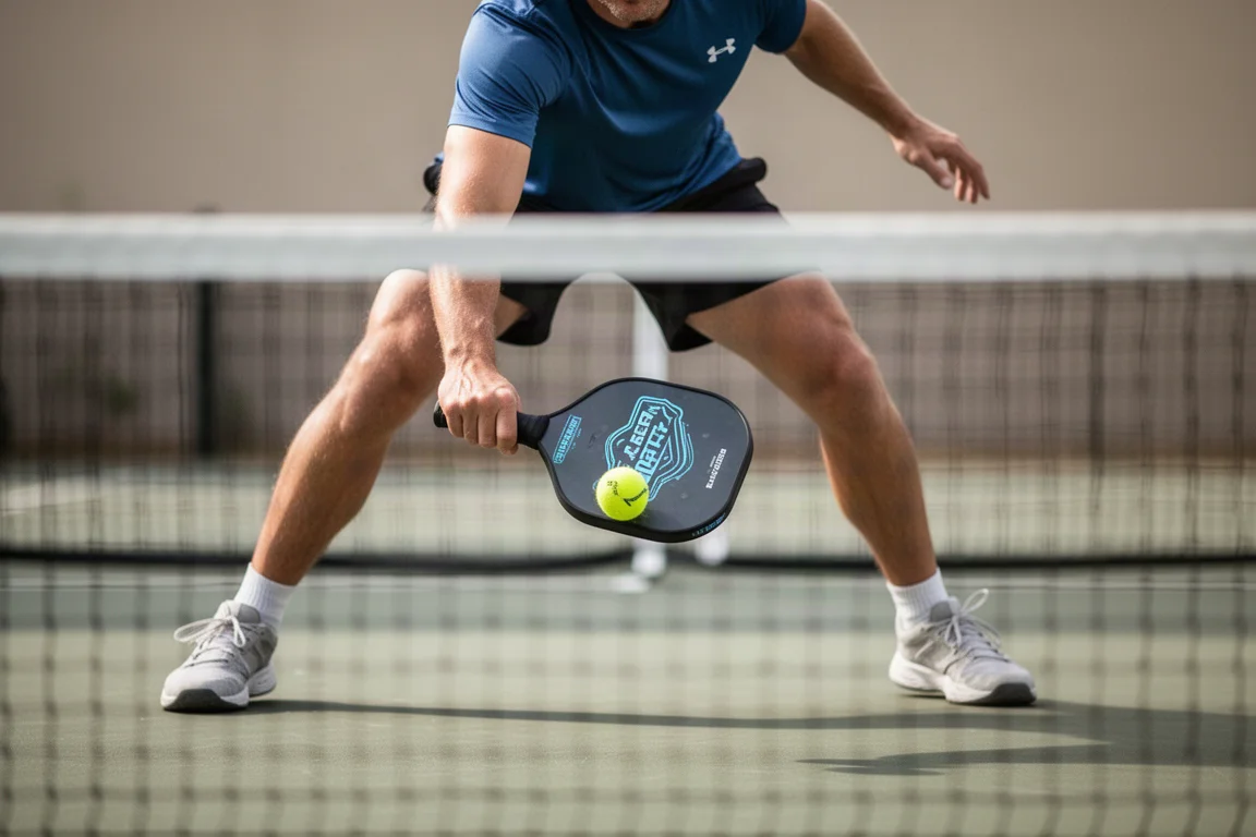 Jugador de pickleball alcanzando un golpe bajo de dejada en la red