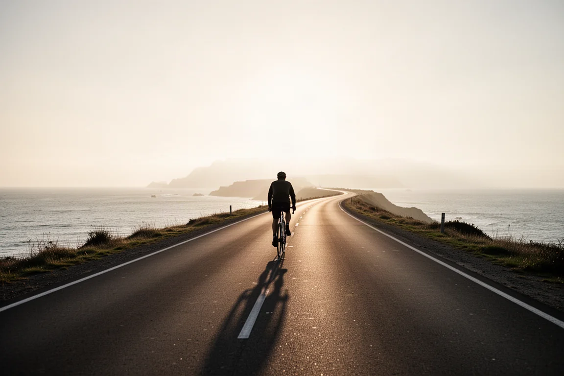 Eenzame fietser op een kustweg bij zonsopgang met lange schaduwen over het asfalt