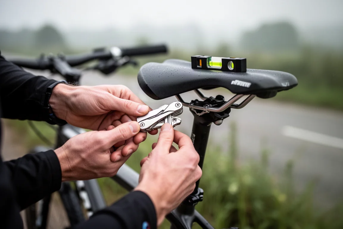 Handen stellen de zadelhoek af met een multitool langs de weg