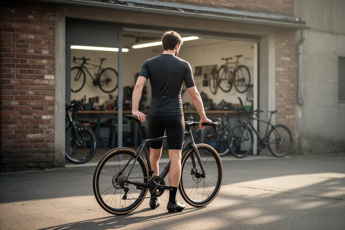 Fietser naast een racefiets buiten een fietsenwerkplaats in het ochtendlicht
