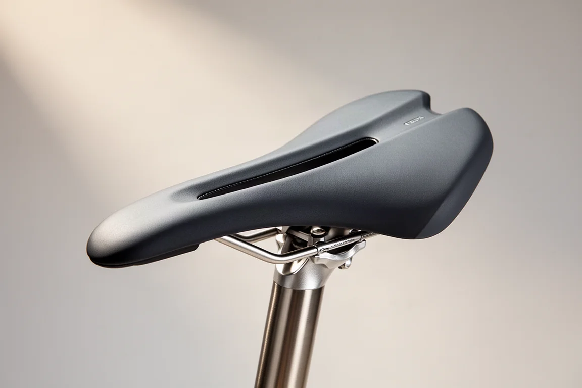 Short-nose road bicycle saddle with deep central relief channel on grey backdrop