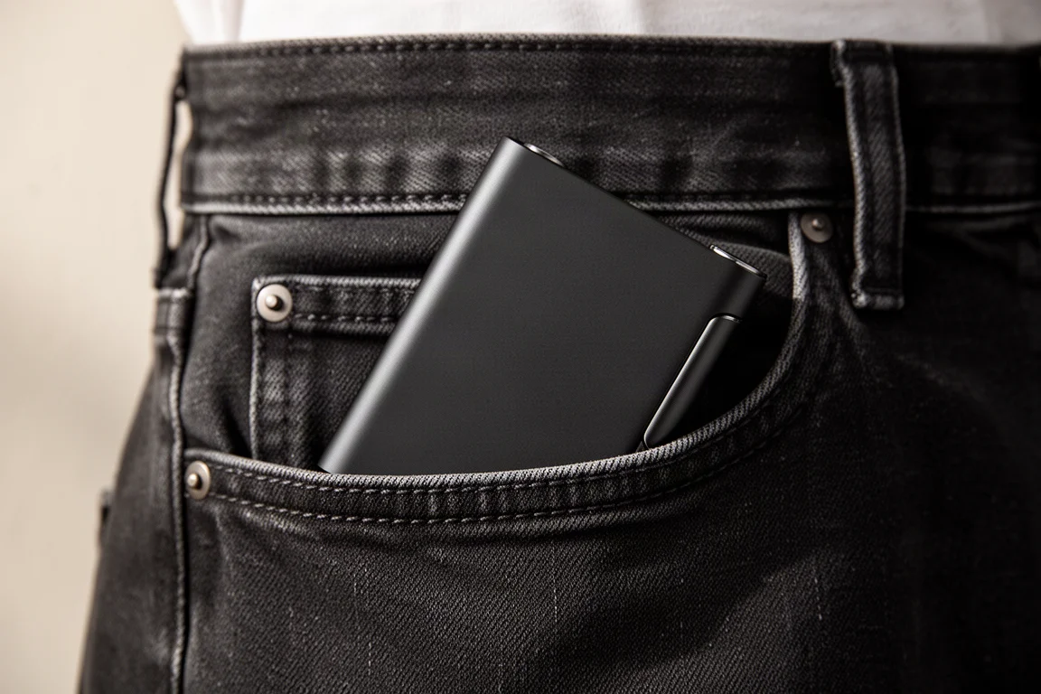 Schlanke Aluminium-Popup-Brieftasche in der Vordertasche einer Jeans