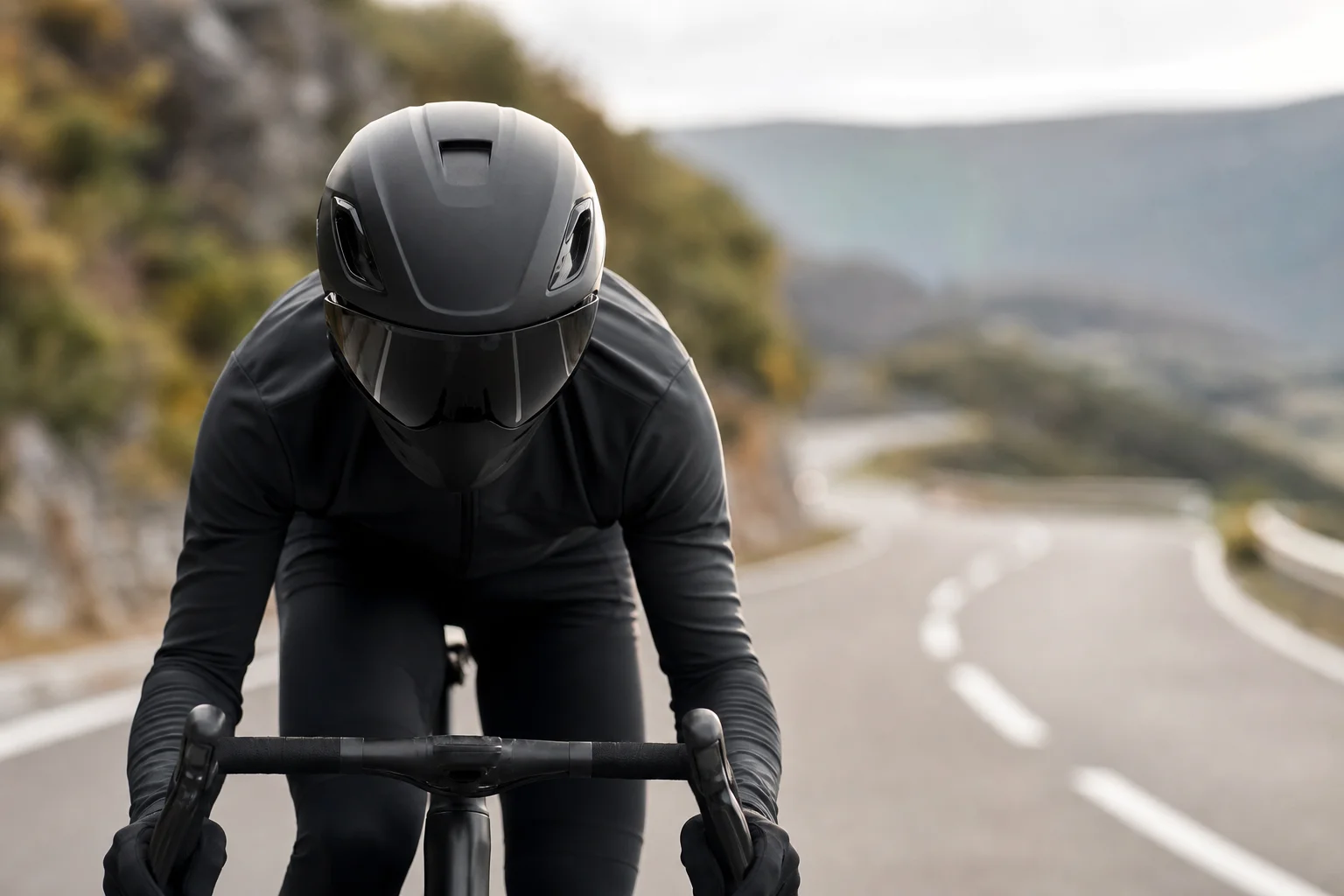 Ciclista che indossa un casco integrale con visiera su una strada tortuosa
