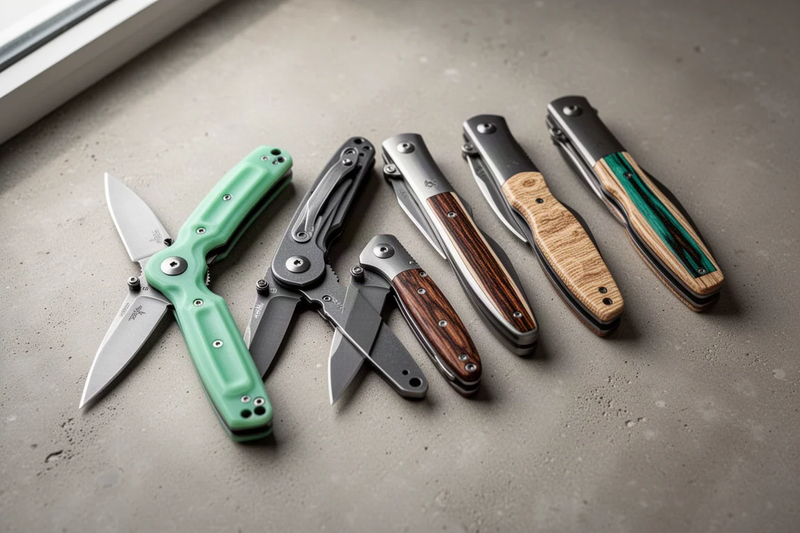 Six folding and fixed-blade pocket knives arranged in a row on concrete
