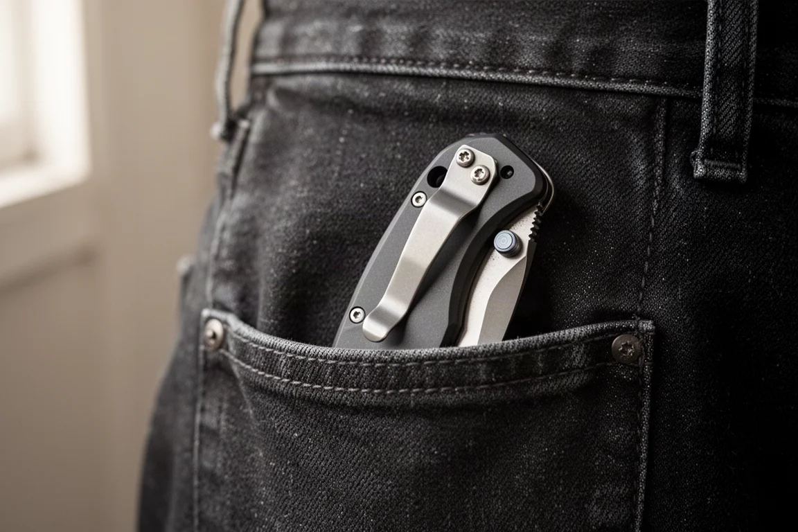 Taschenmesser mit Clip in einer Hosentasche bei weichem Tageslicht