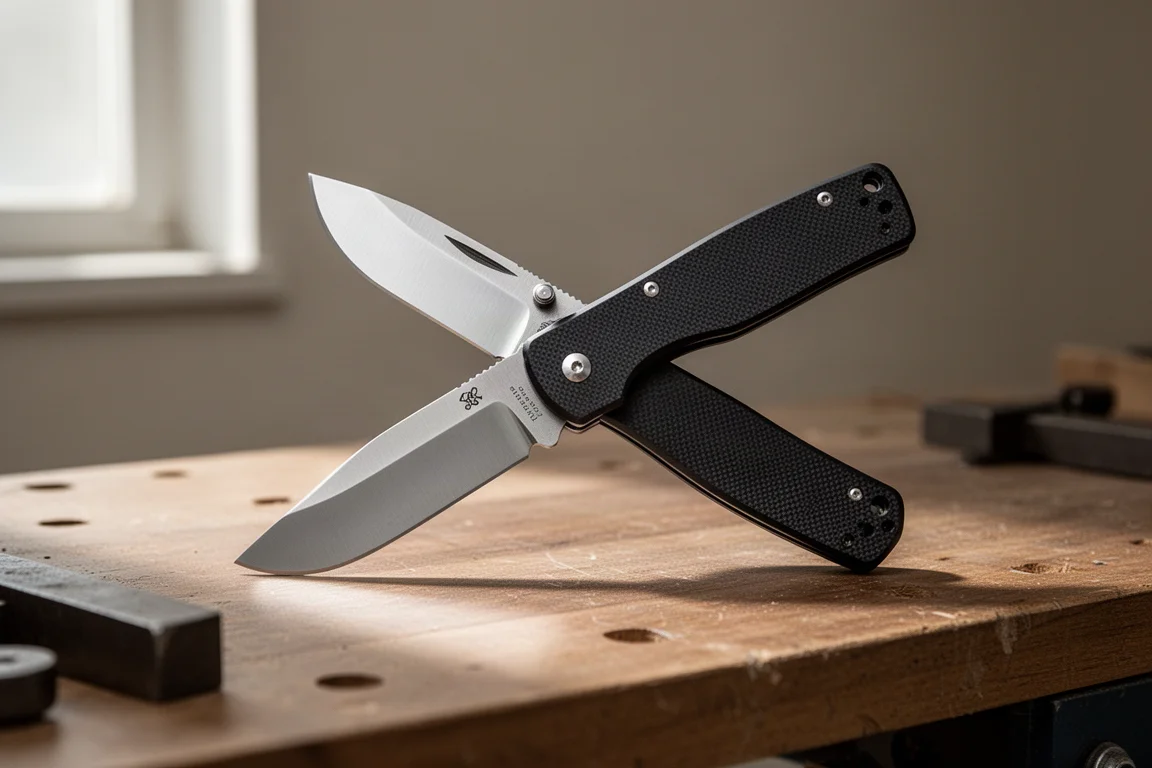 Coltello pieghevole Sencut Draxer con manico in G10 nero aperto su una banco da lavoro in legno