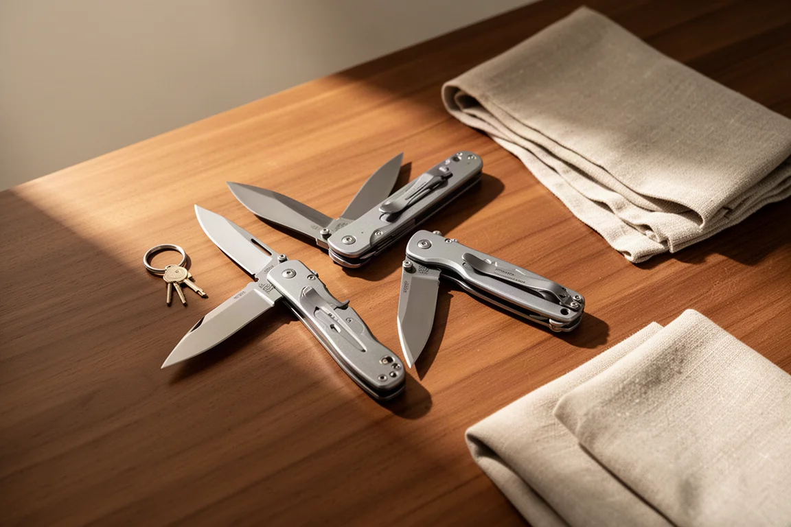 Zwei Taschenklappmesser liegen auf einem Holztisch neben Everyday-Carry-Gegenständen