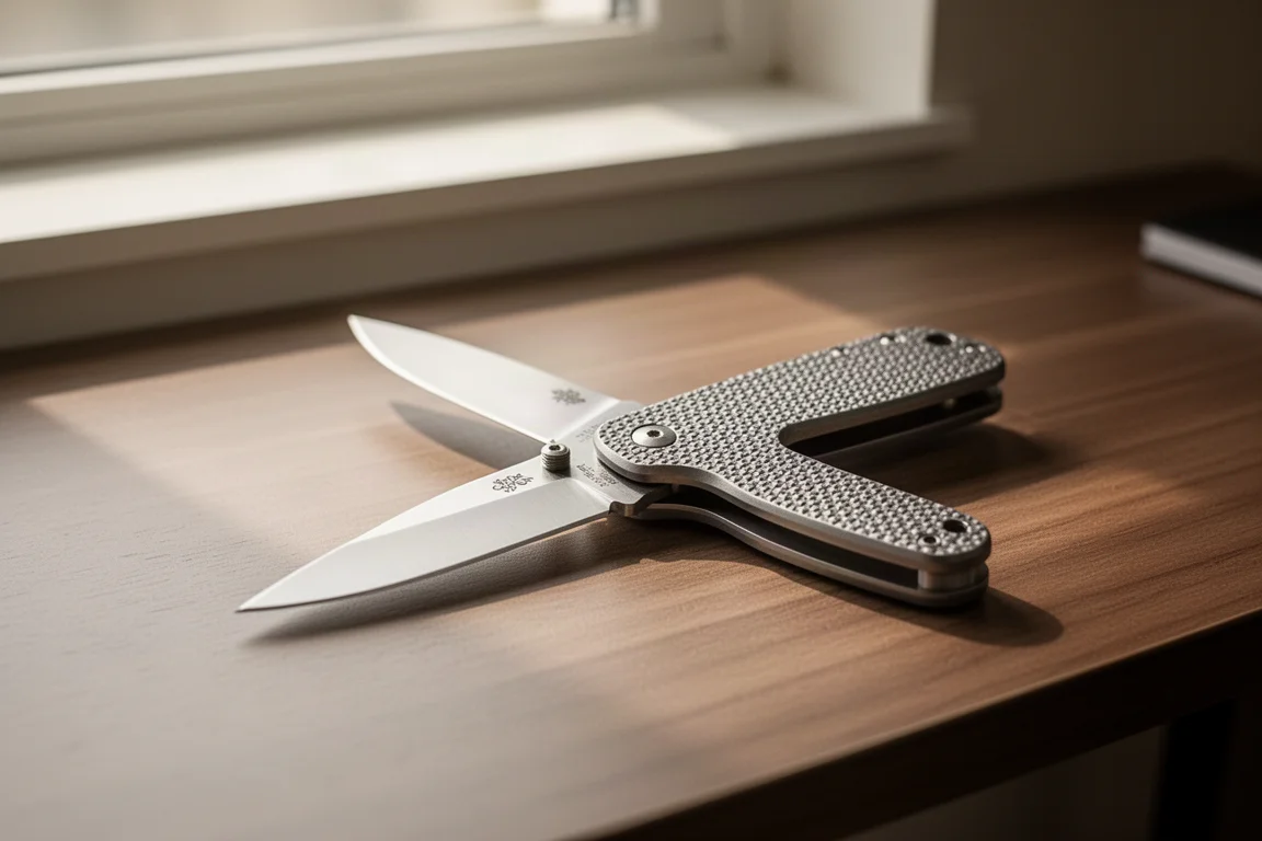 Compatto coltello pieghevole da tasca aperto su una scrivania di legno con luce soffusa dalla finestra