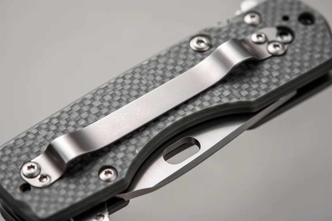 Primo piano di un manico in G10 strutturato e liner lock su un coltello pieghevole