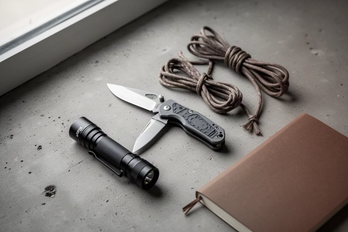 Scena di banco di lavoro aperto con un coltello pieghevole accanto a piccoli oggetti da everyday carry