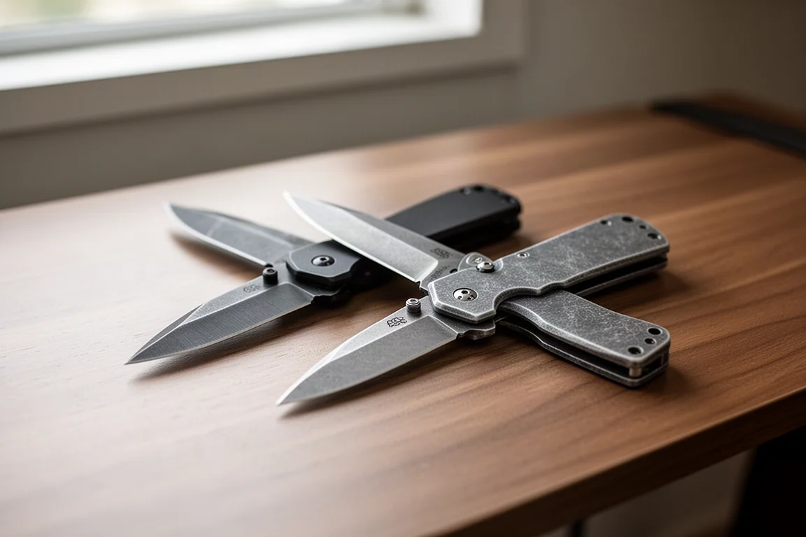Two folding pocket knives open on a wooden desk with soft window light