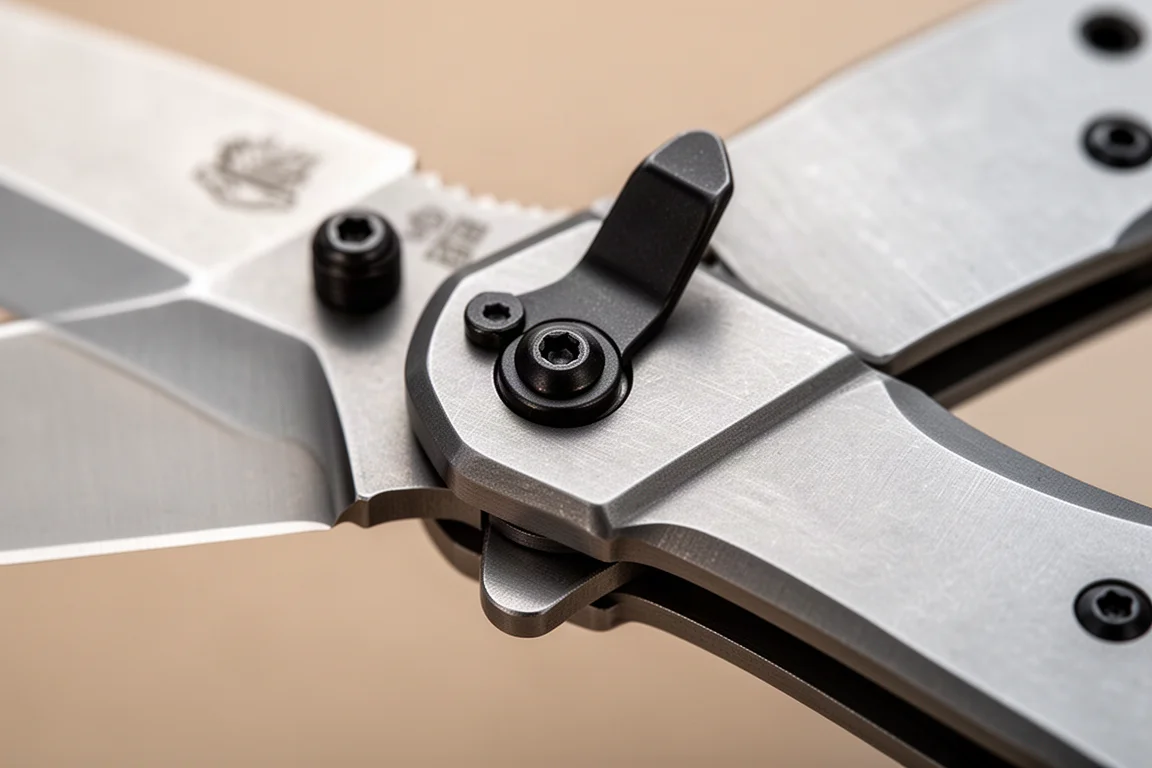 Close-up of a flipper tab and button lock on an open folding knife