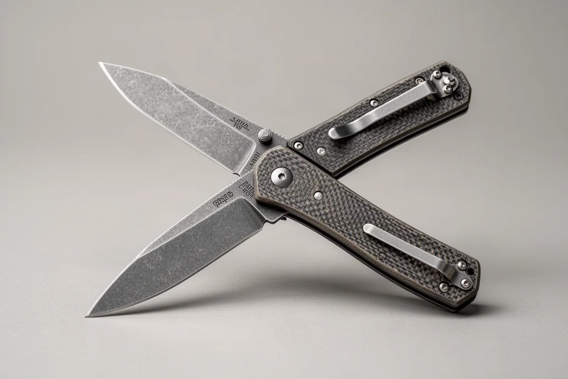 Hand-sized folding knife with G10 scales held at an angle on grey backdrop