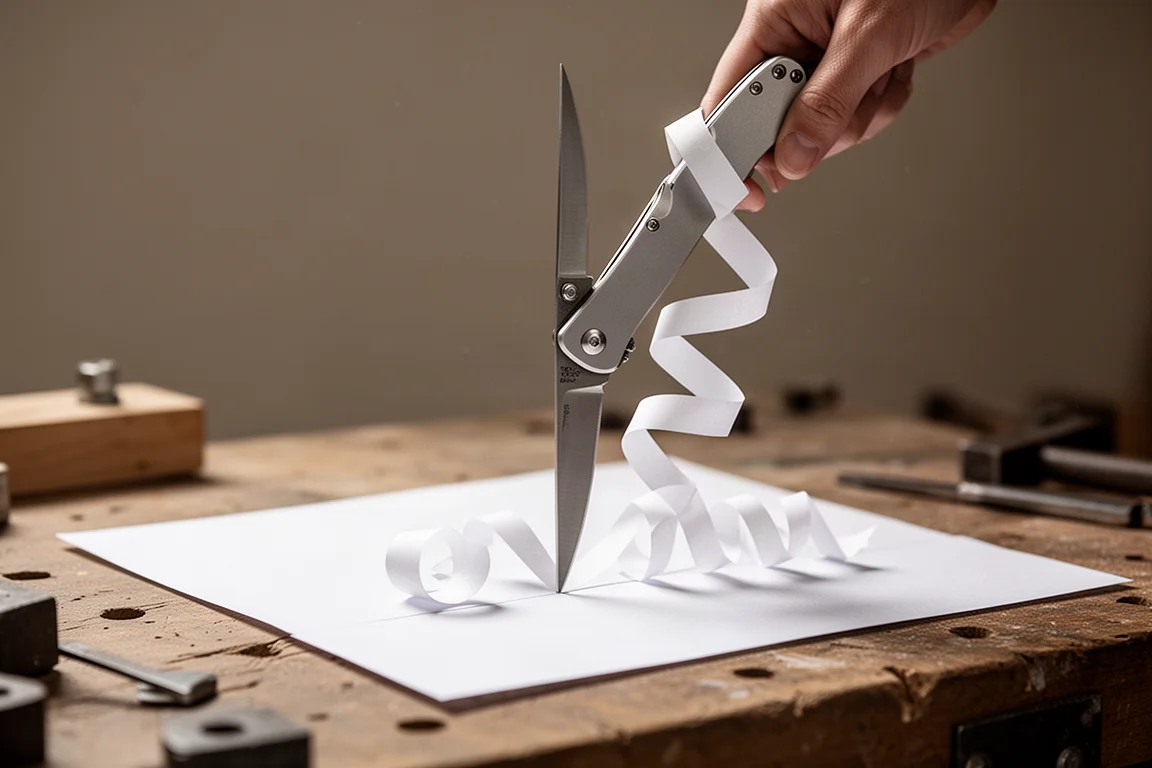 Slim folding knife slicing through paper on a workbench