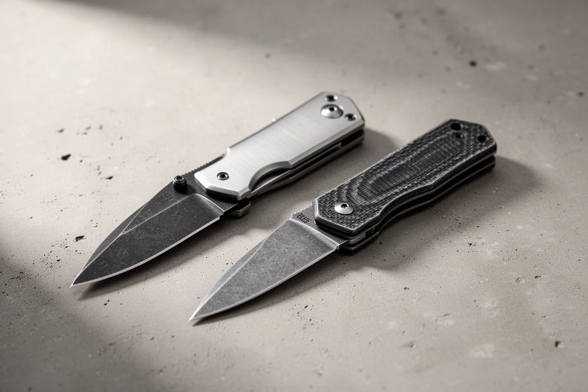 Two folding pocket knives, one aluminum and one G10, on a concrete surface