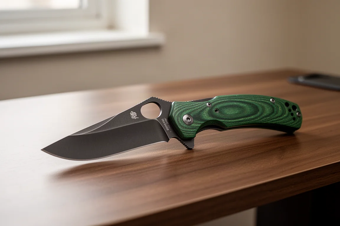 Klappmesser mit grünem Micarta-Griff, geöffnet liegend auf einem Holztisch