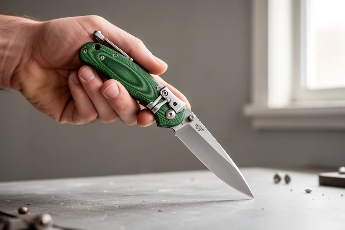 Hand hält ein Klappmesser mit Crossbar Lock bei sanftem Tageslicht